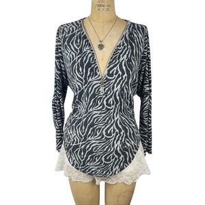Y2K Zebra Print Quarter Zip Pullover Lightweight 2000's Grunge Whimsygoth Size L